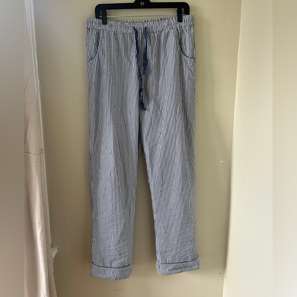 Blue and White Wide Leg Pants with Elastic Waistband